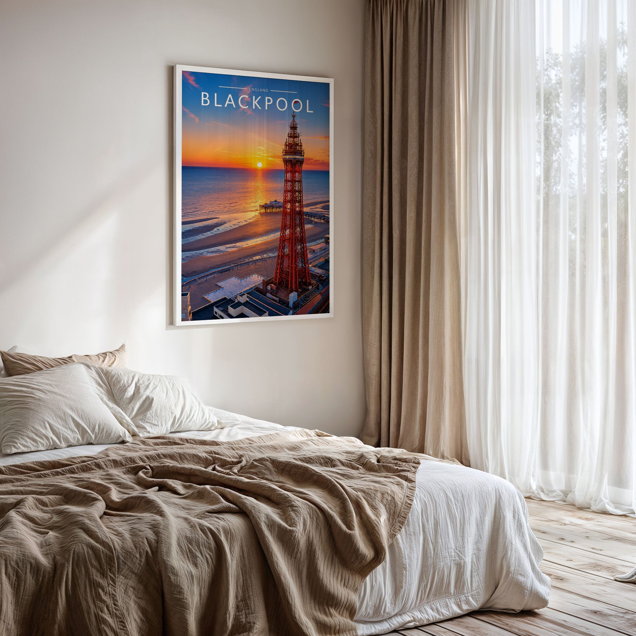 Blackpool Travel Poster framed on a bedroom wall