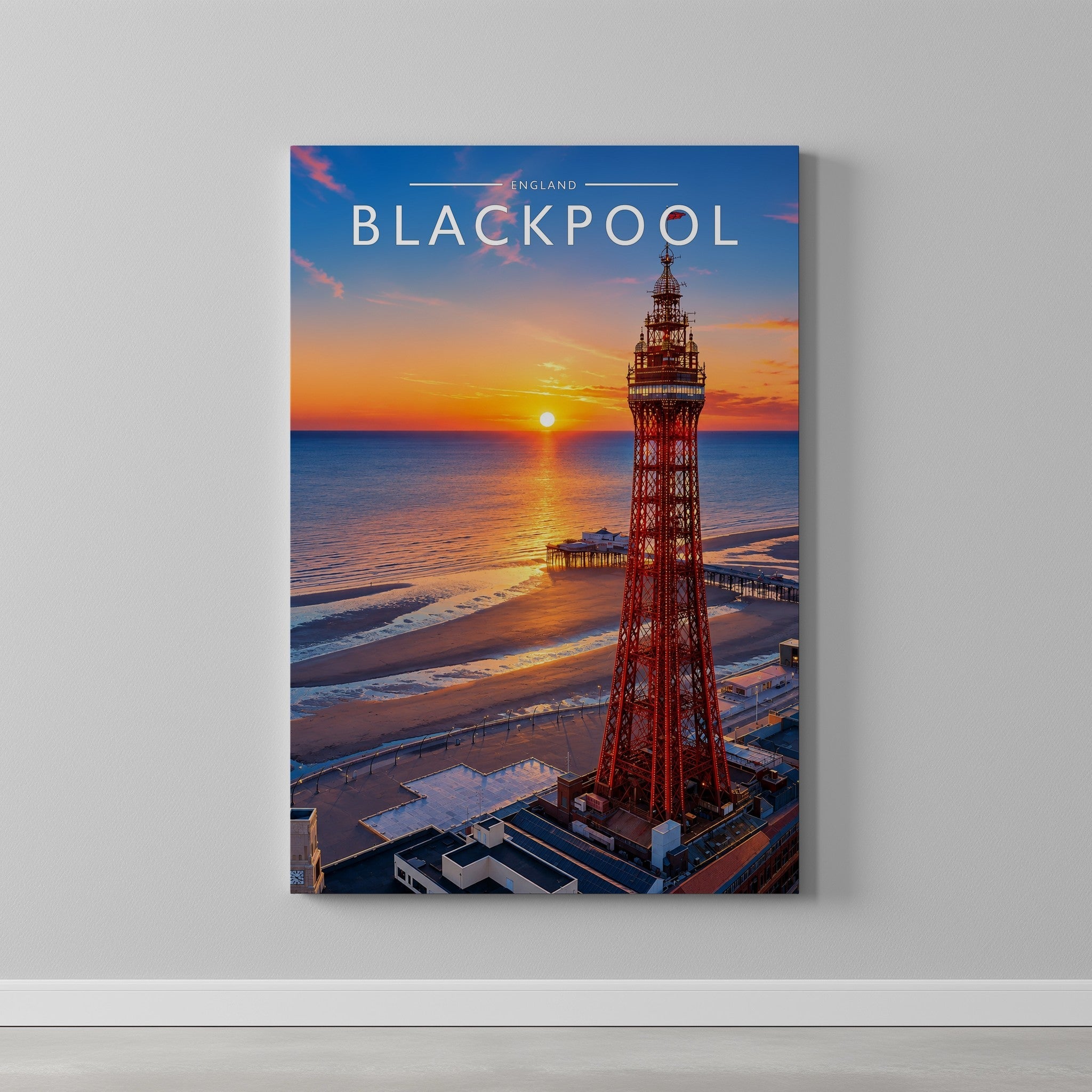 Blackpool Travel Poster as a gallery-wrapped canvas on a plain wall