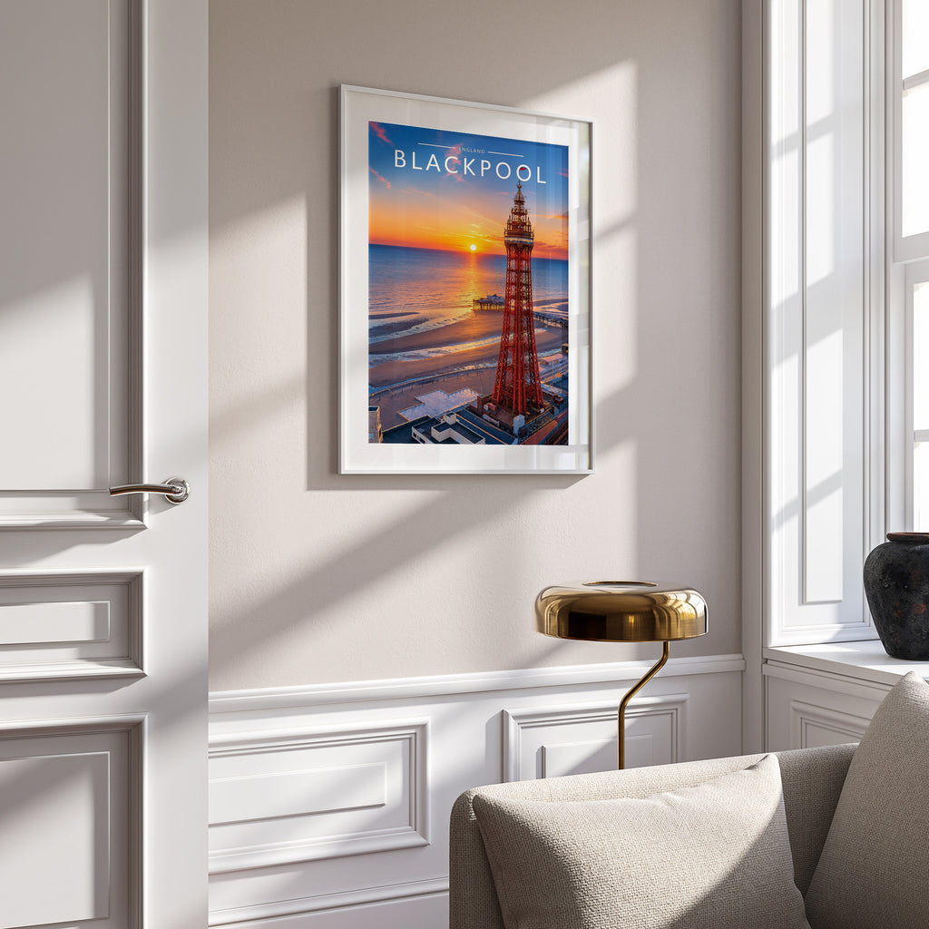 Blackpool Travel Poster in a white frame on a panelled wall