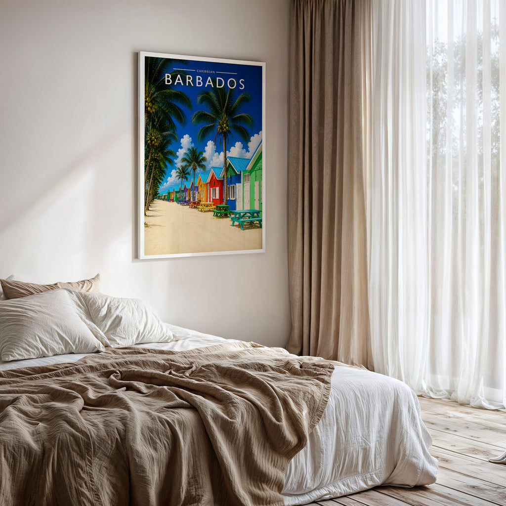 Barbados #5 Travel Poster framed on a bedroom wall
