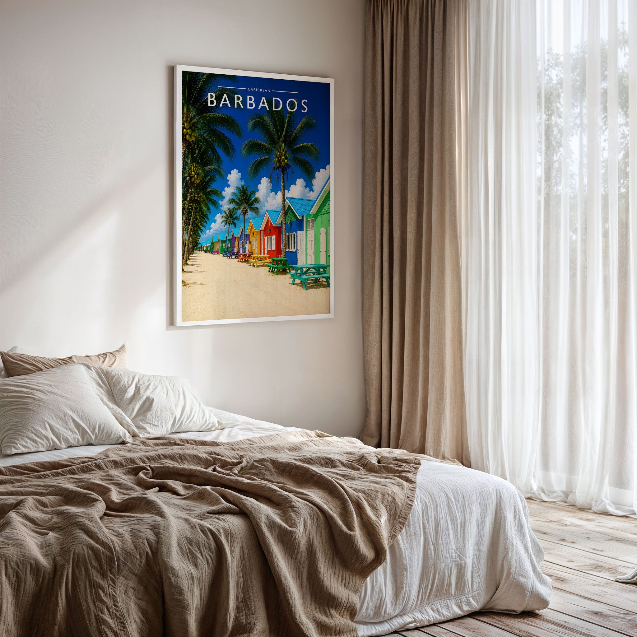Barbados #5 Travel Poster framed on a bedroom wall