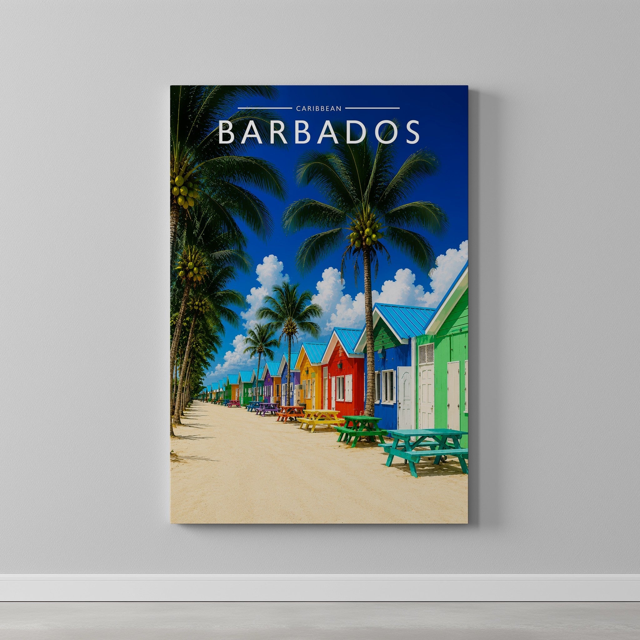 Barbados #5 Travel Poster as a gallery-wrapped canvas on a plain wall