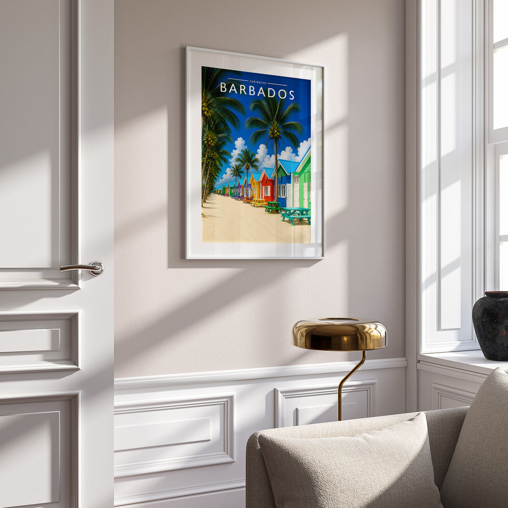 Barbados #5 Travel Poster in a white frame on a panelled wall