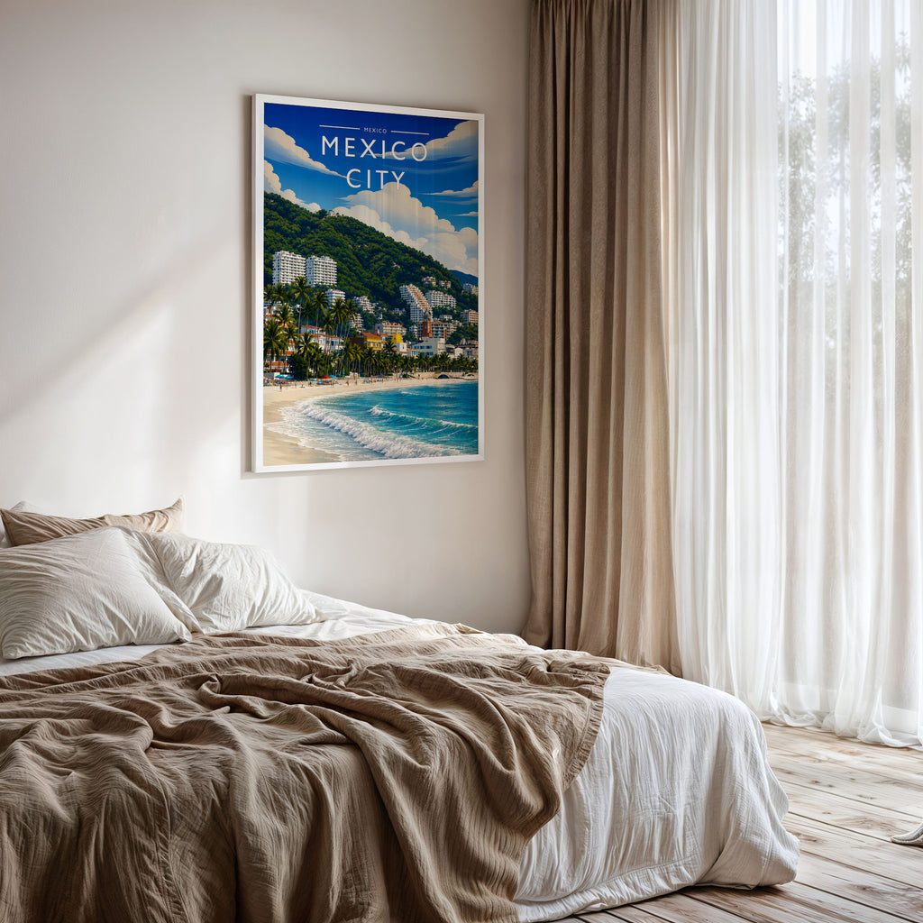 Mexico City #2 Travel Poster framed on a bedroom wall