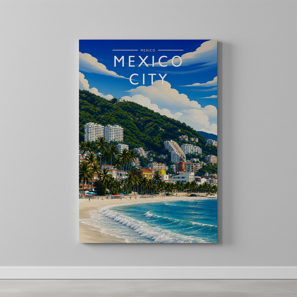 Mexico City #2 Travel Poster as a gallery-wrapped canvas on a plain wall