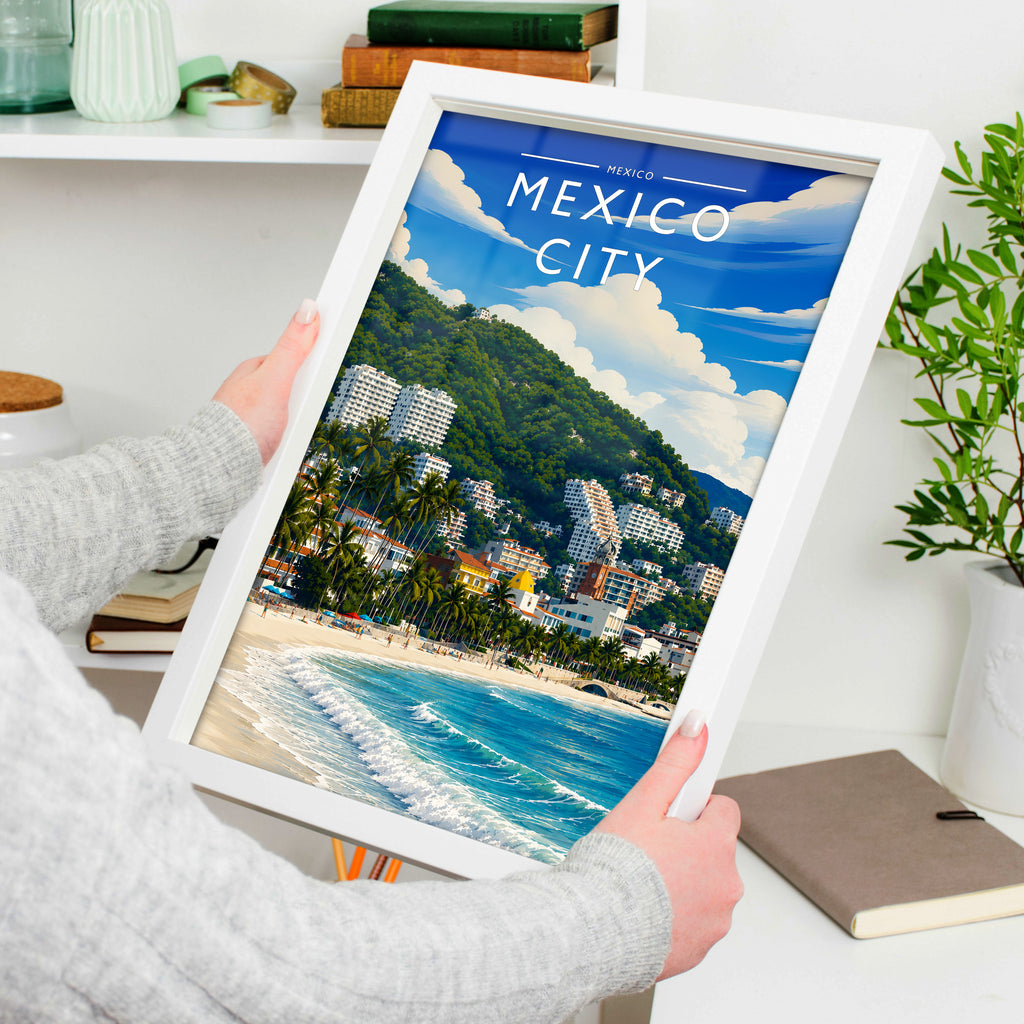 Mexico City #2 Travel Poster in a white frame, held to show scale