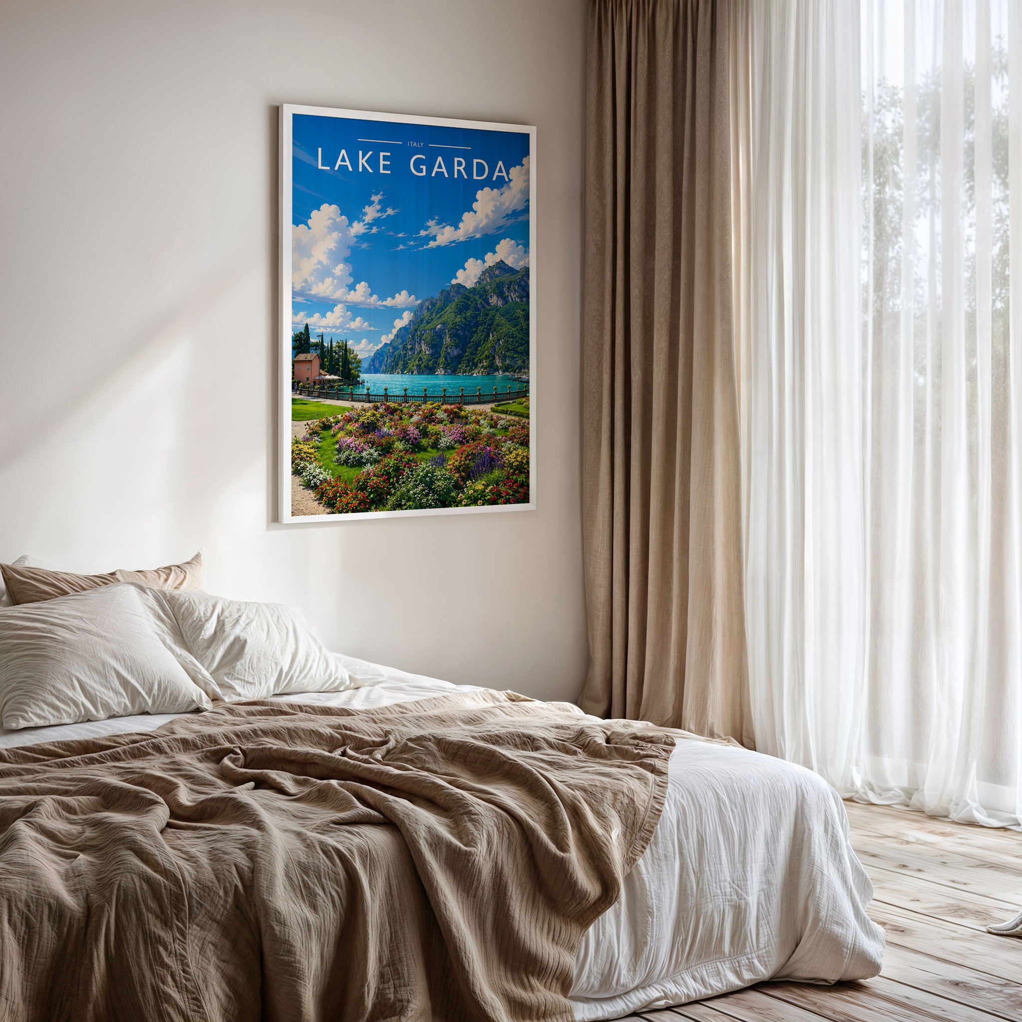 Lake Garda #4 Travel Poster framed on a bedroom wall