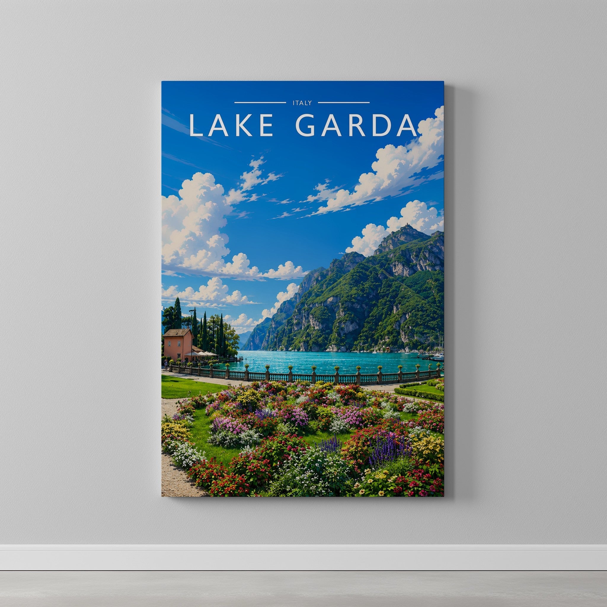 Lake Garda #4 Travel Poster as a gallery-wrapped canvas on a plain wall