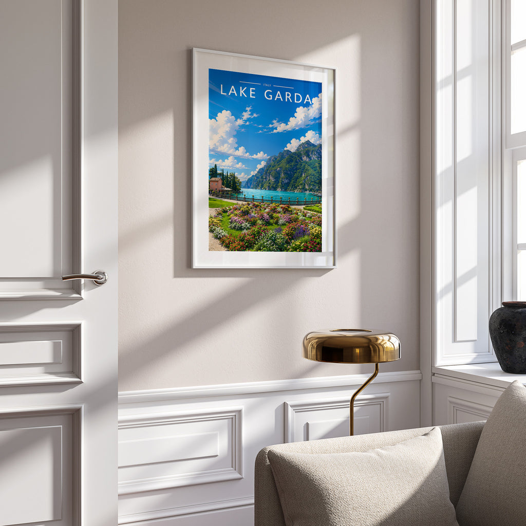 Lake Garda #4 Travel Poster in a white frame on a panelled wall