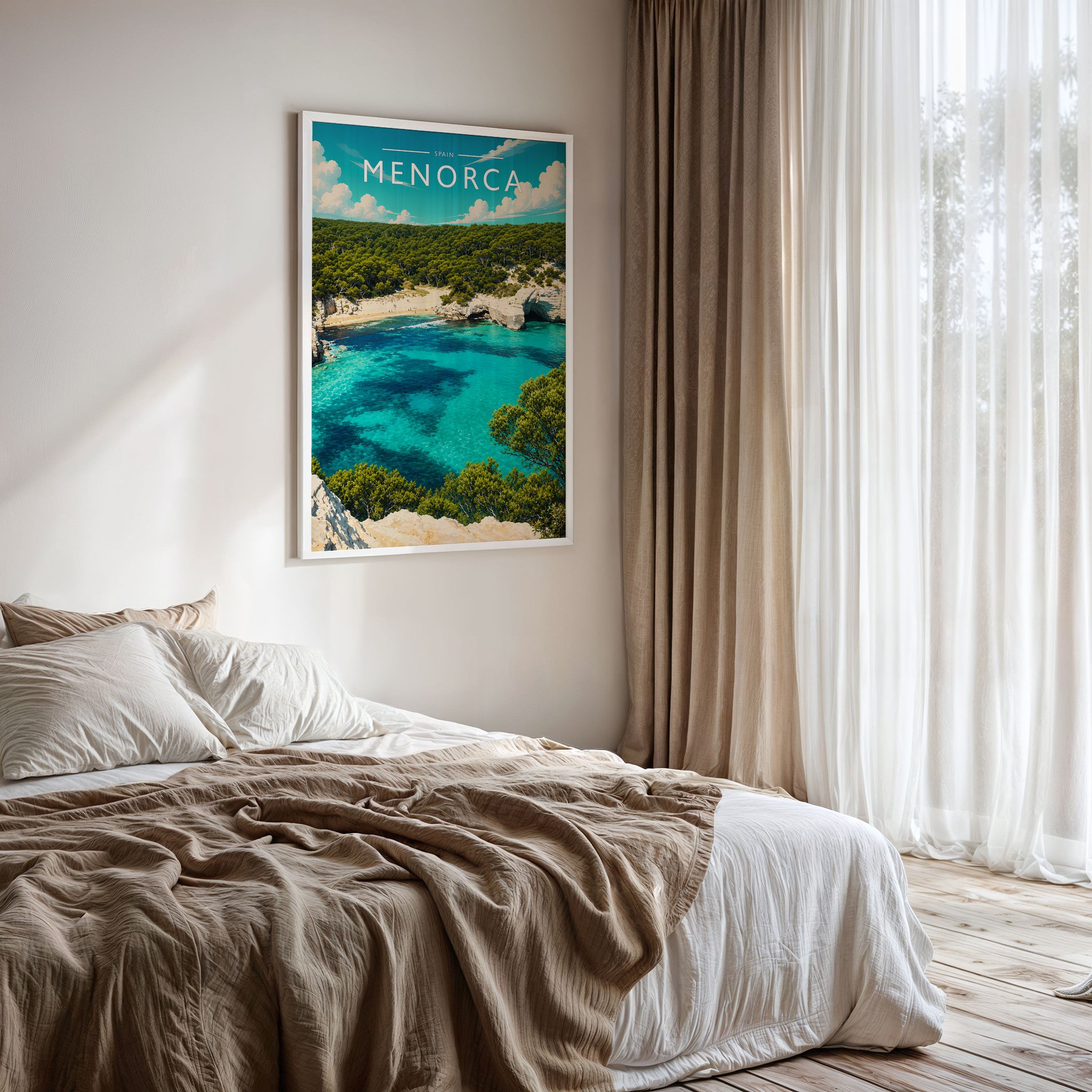 Menorca Travel Poster framed on a bedroom wall