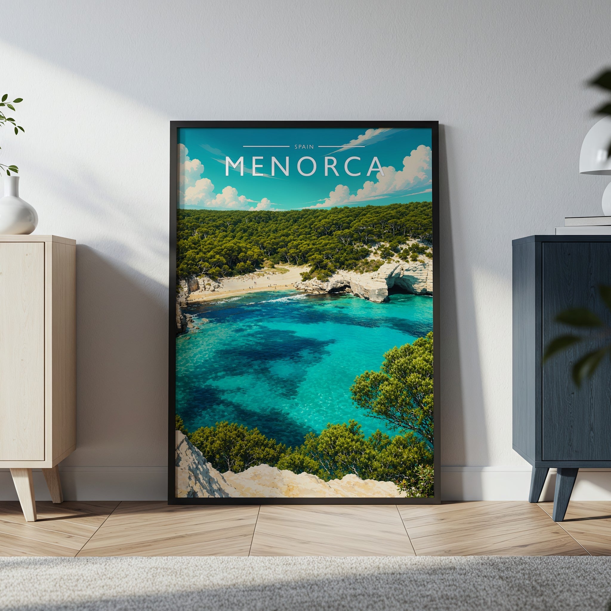 Menorca Travel Poster in a black frame