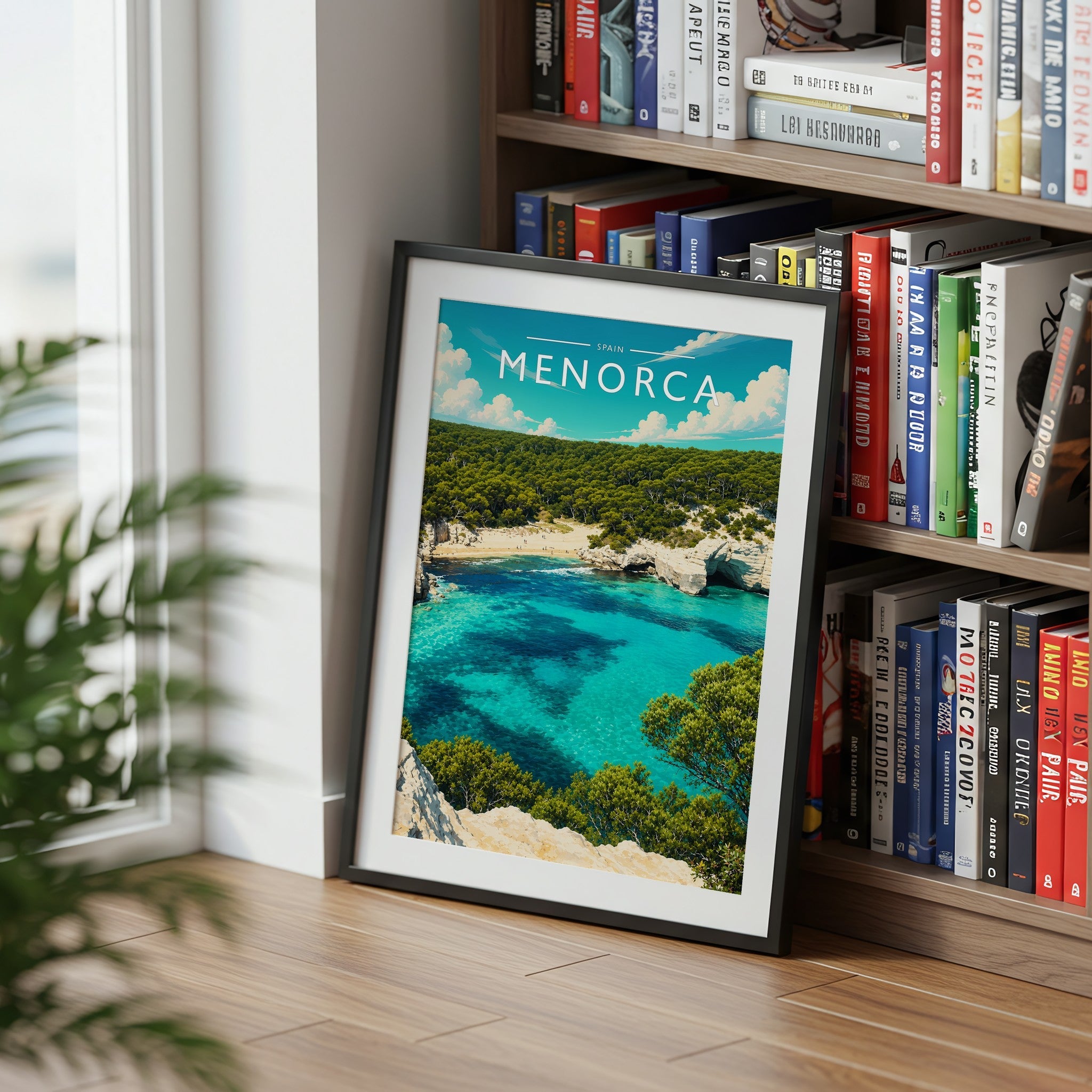Menorca Travel Poster mounted in a black frame