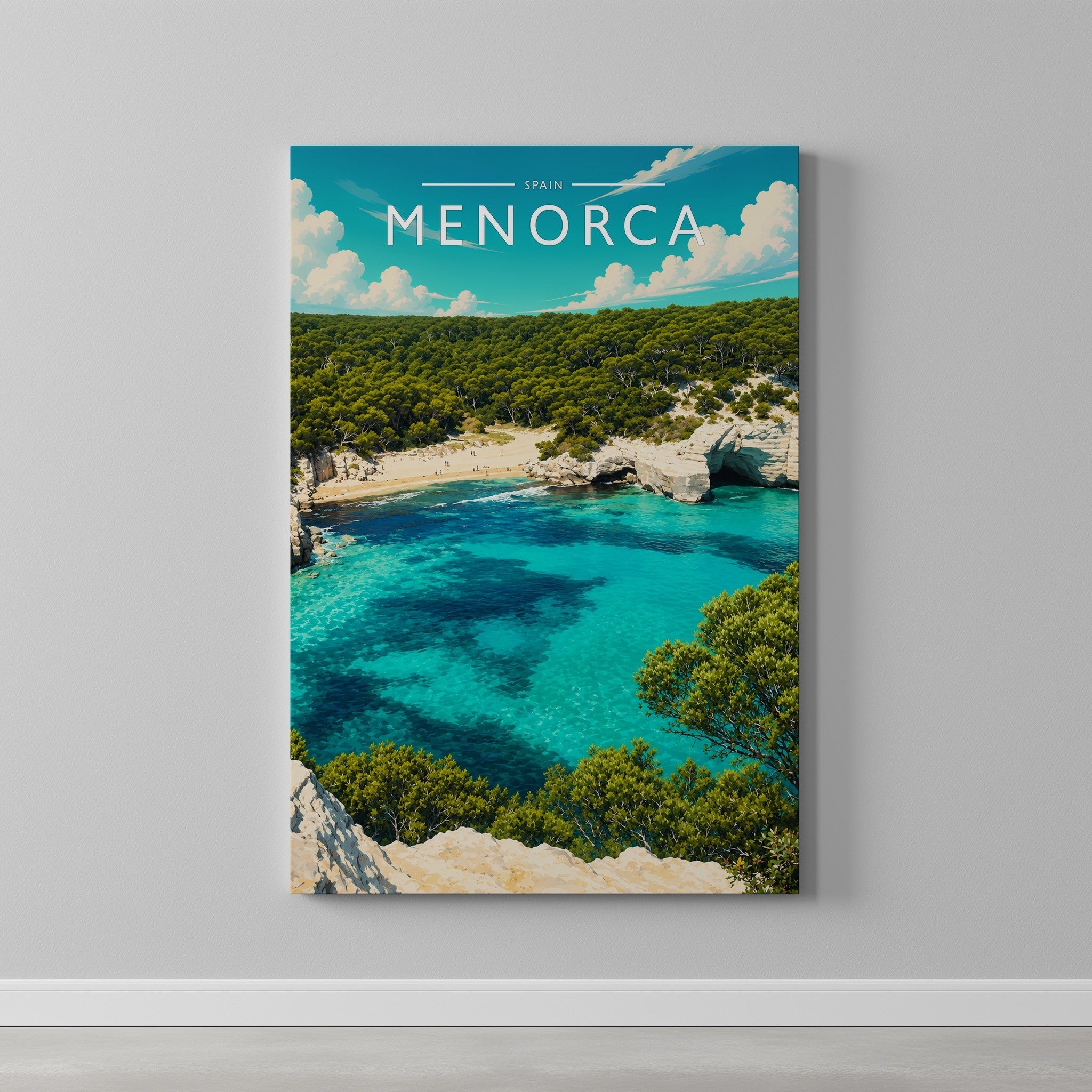 Menorca Travel Poster as a gallery-wrapped canvas on a plain wall