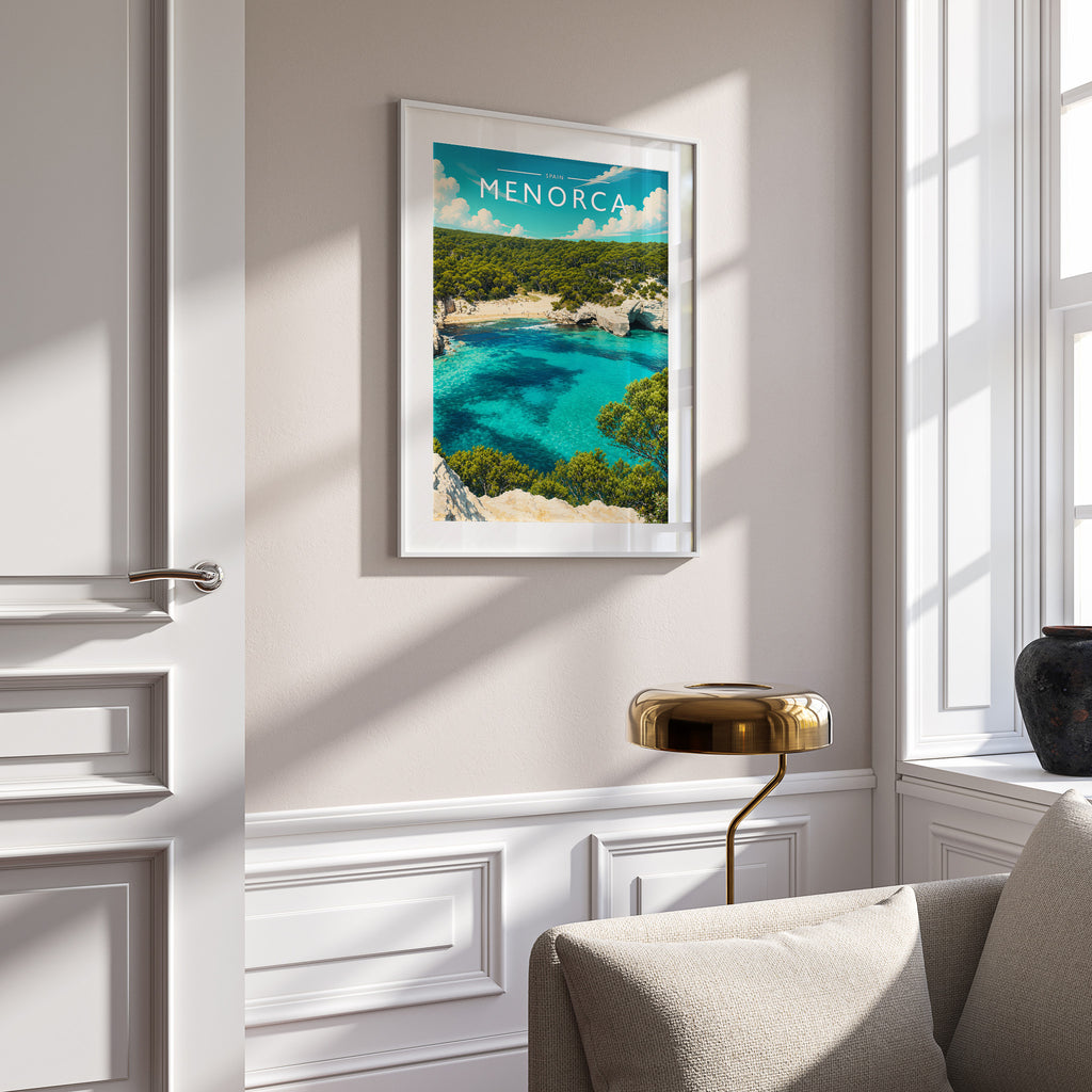 Menorca Travel Poster in a white frame on a panelled wall