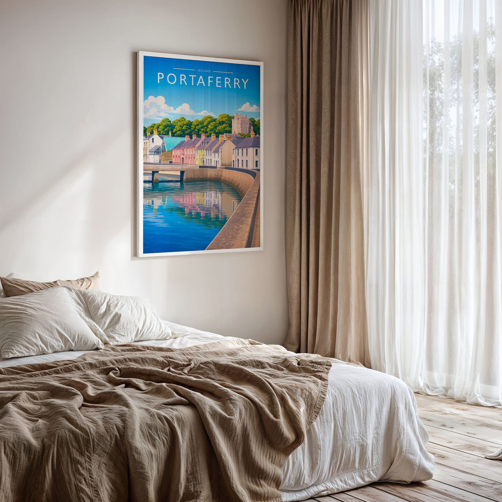 Portaferry #2 Travel Poster framed on a bedroom wall