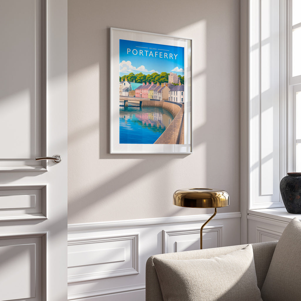 Portaferry #2 Travel Poster in a white frame on a panelled wall