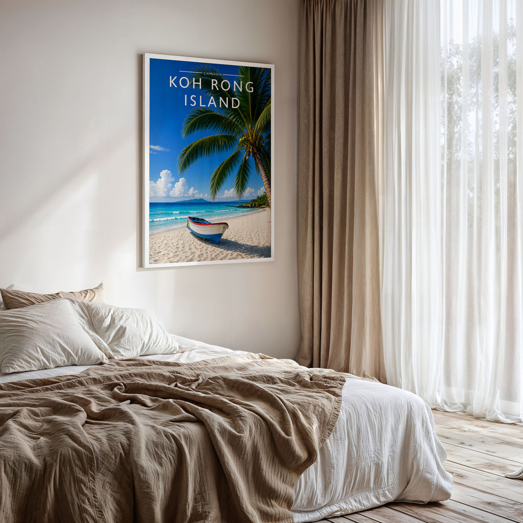 Koh Rong Island Travel Poster framed on a bedroom wall