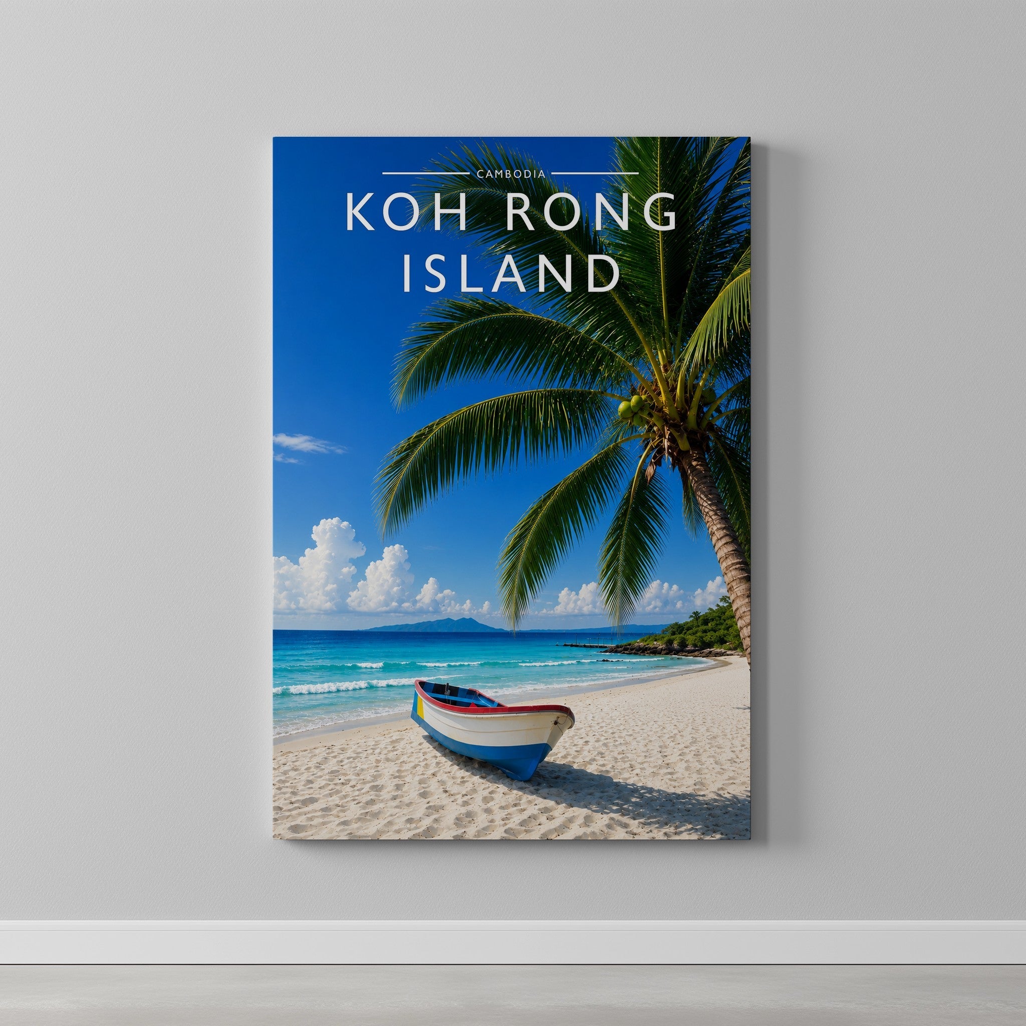 Koh Rong Island Travel Poster as a gallery-wrapped canvas on a plain wall