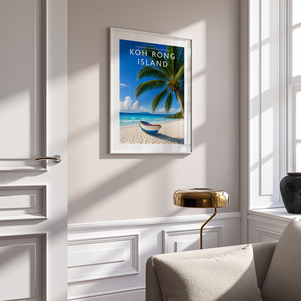 Koh Rong Island Travel Poster in a white frame on a panelled wall