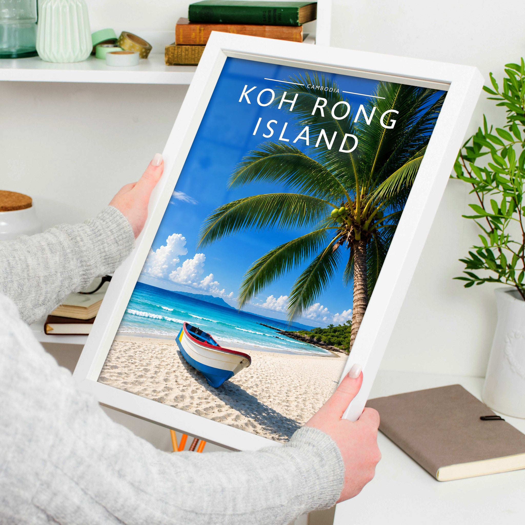 Koh Rong Island Travel Poster in a white frame, held to show scale