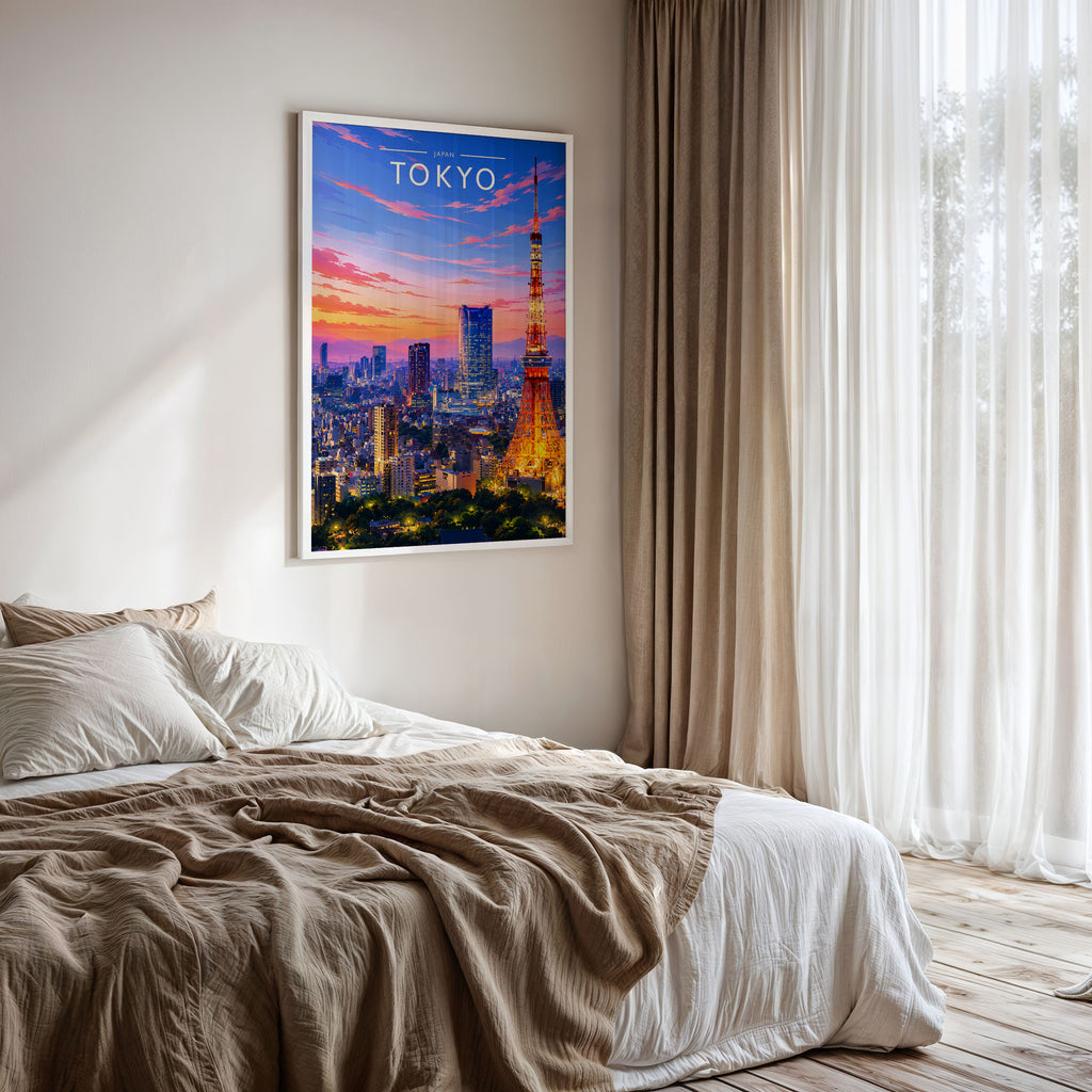 Tokyo Travel Poster framed on a bedroom wall