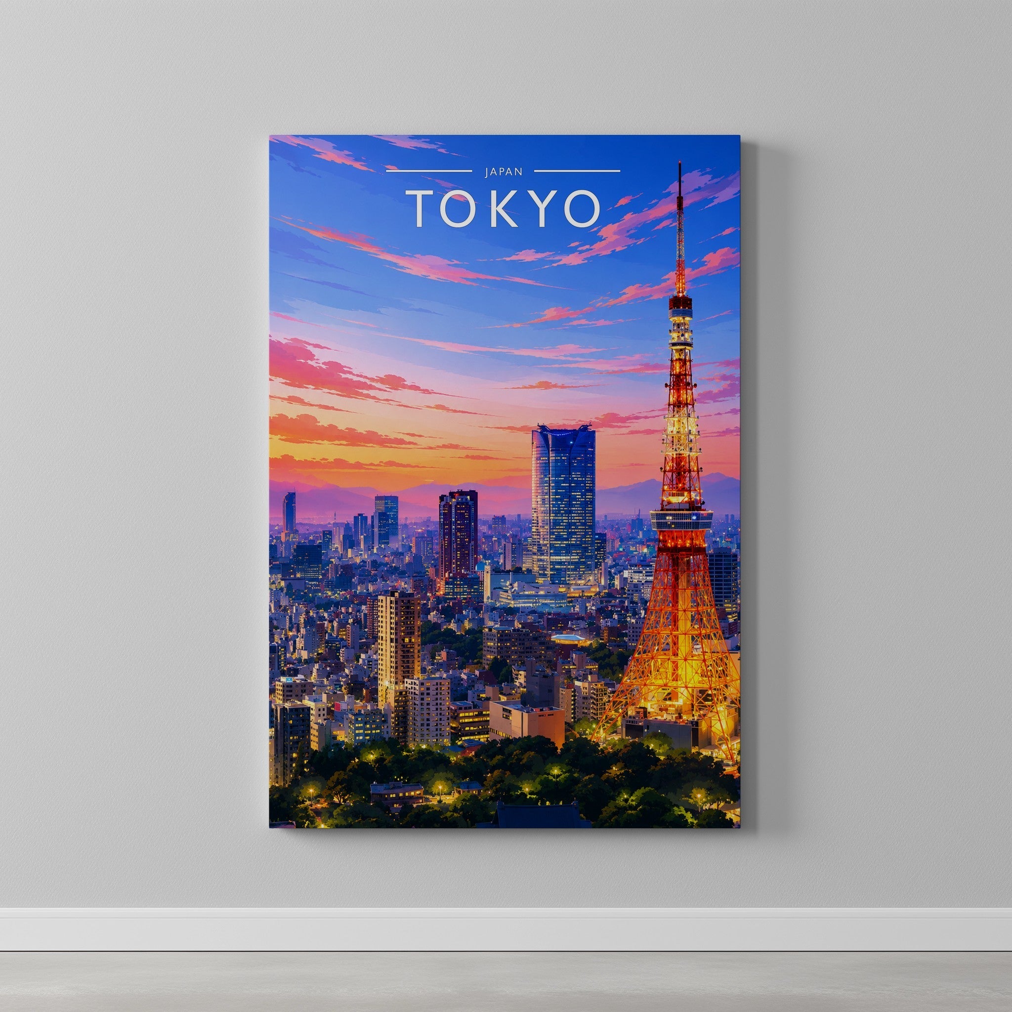 Tokyo Travel Poster as a gallery-wrapped canvas on a plain wall