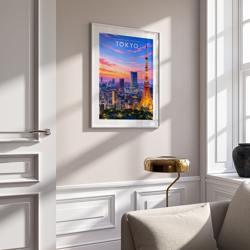 Tokyo Travel Poster in a white frame on a panelled wall