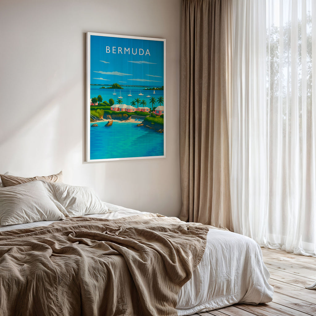 Bermuda Travel Poster framed on a bedroom wall