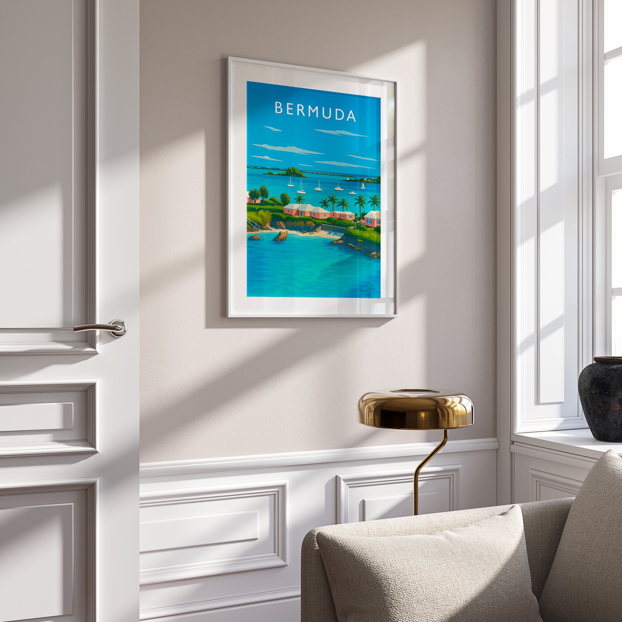 Bermuda Travel Poster in a white frame on a panelled wall