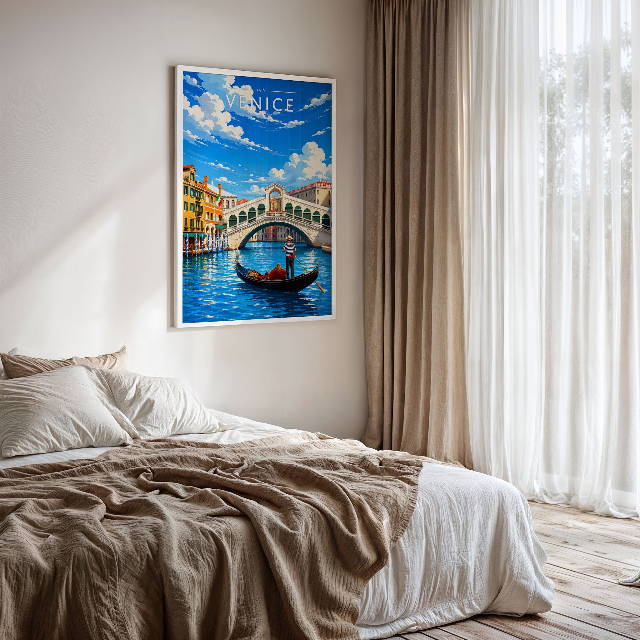 Venice Travel Poster framed on a bedroom wall