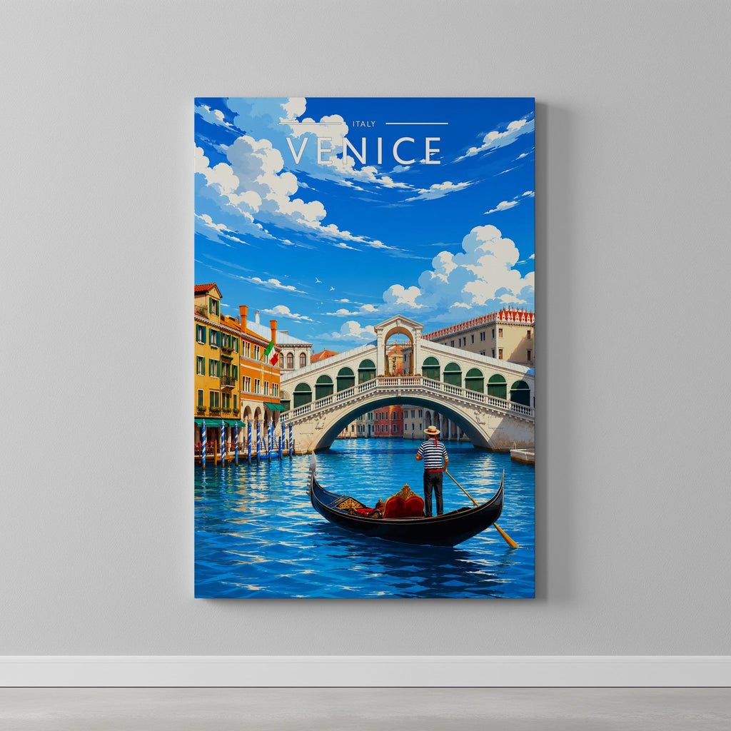 Venice Travel Poster as a gallery-wrapped canvas on a plain wall