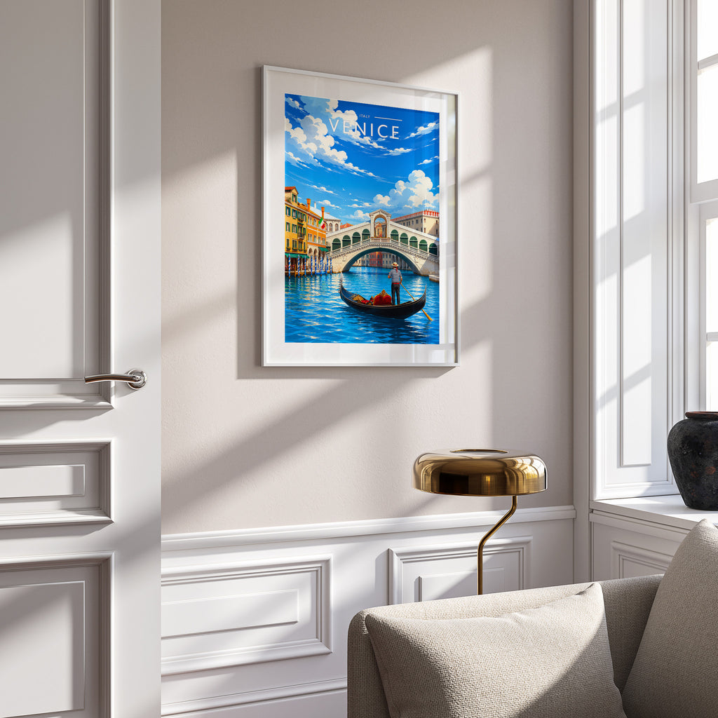 Venice Travel Poster in a white frame on a panelled wall