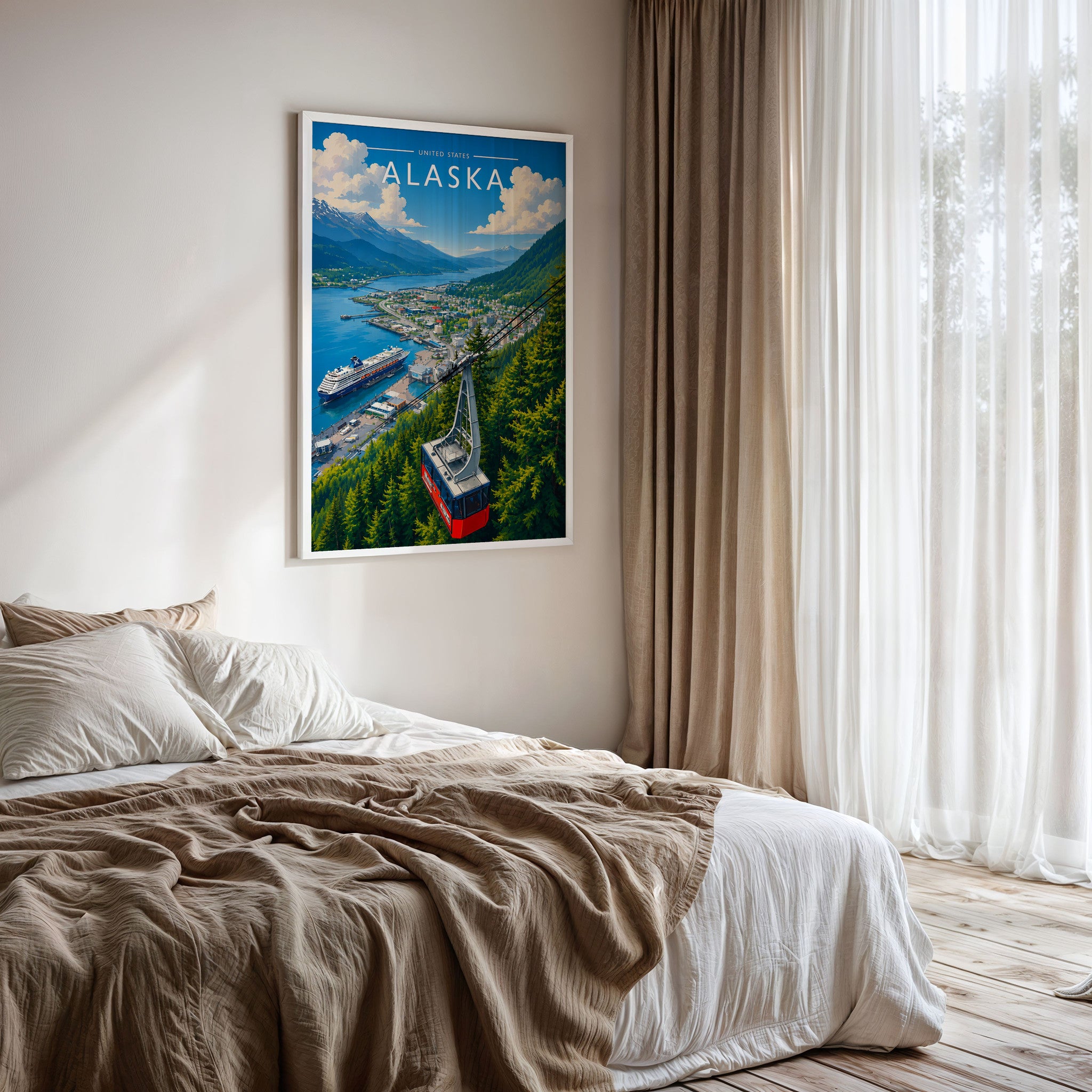 Alaska #2 Travel Poster framed on a bedroom wall