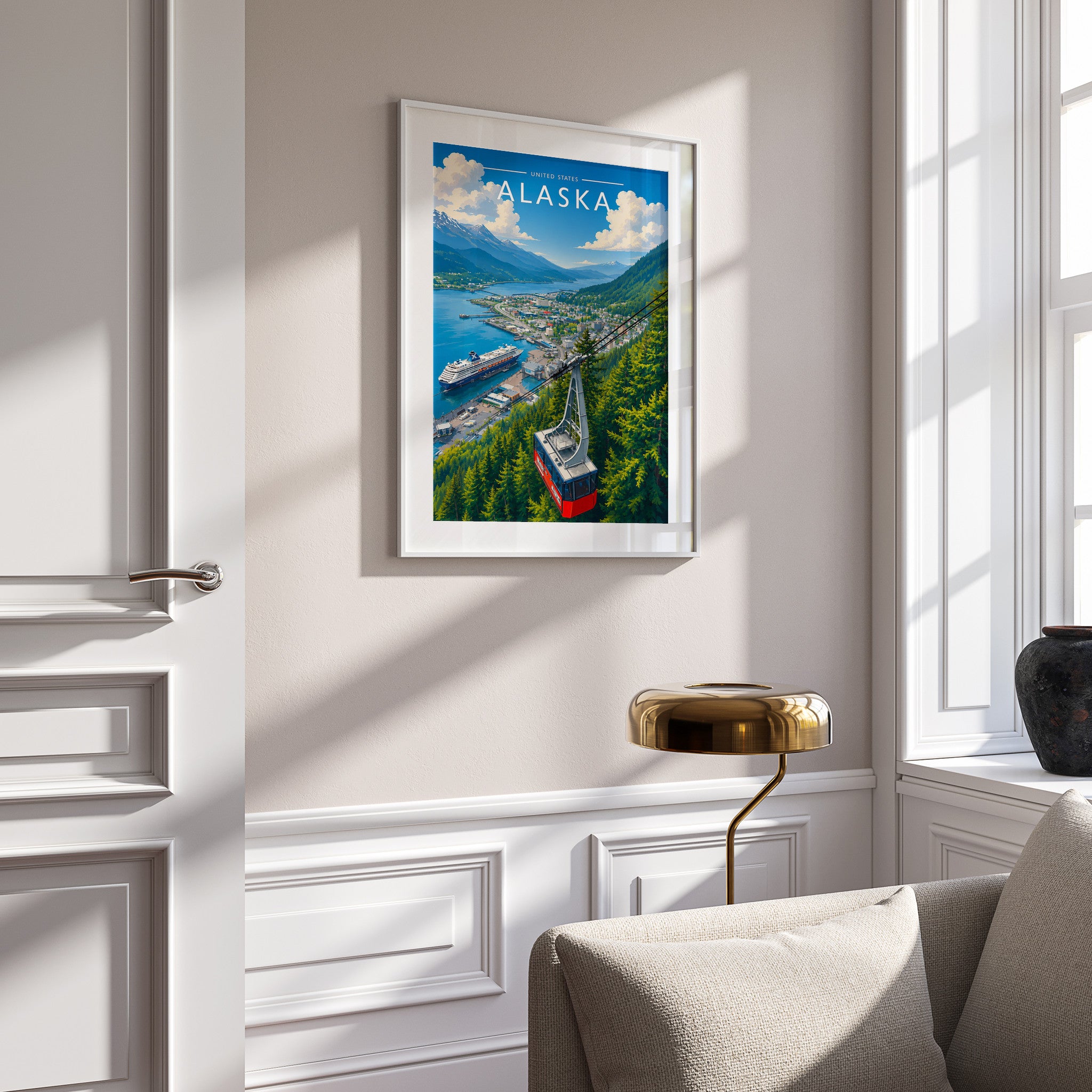 Alaska #2 Travel Poster in a white frame on a panelled wall