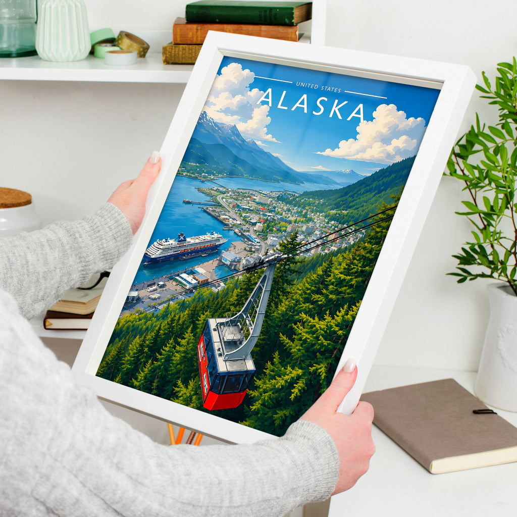 Alaska #2 Travel Poster in a white frame, held to show scale