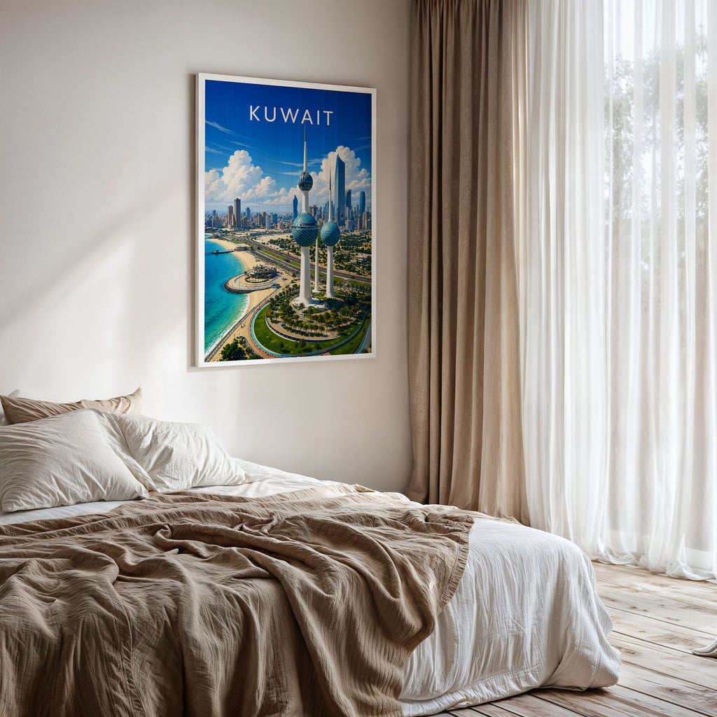Kuwait Travel Poster framed on a bedroom wall
