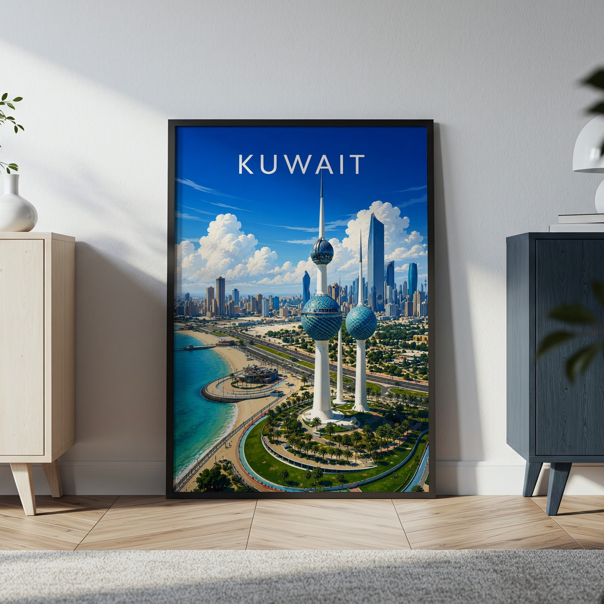 Kuwait Travel Poster in a black frame