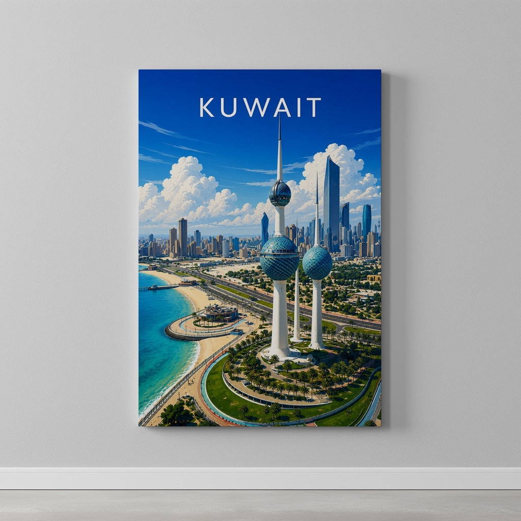 Kuwait Travel Poster as a gallery-wrapped canvas on a plain wall