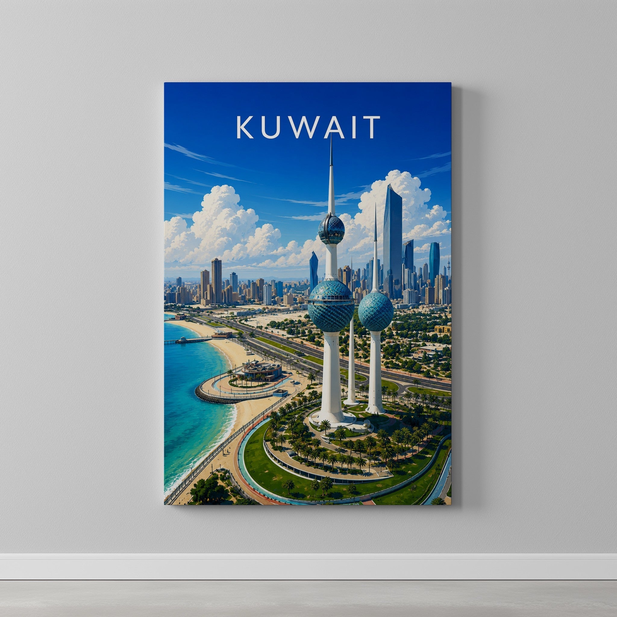 Kuwait Travel Poster as a gallery-wrapped canvas on a plain wall