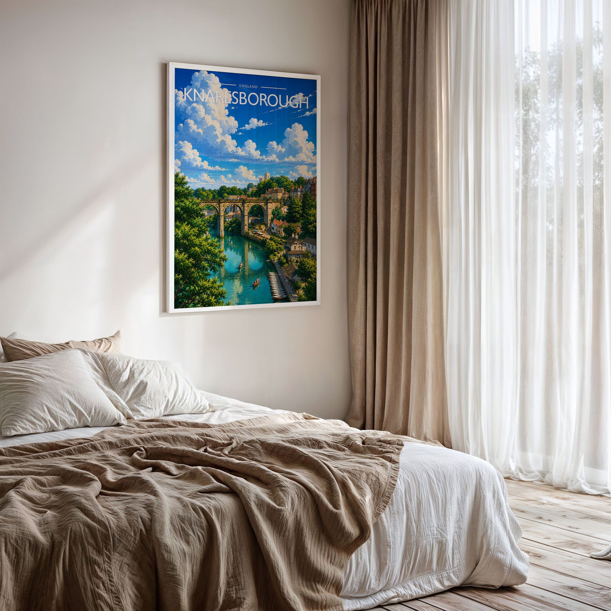Knaresborough #2 Travel Poster framed on a bedroom wall