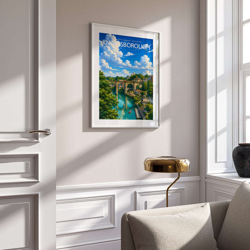 Knaresborough #2 Travel Poster in a white frame on a panelled wall