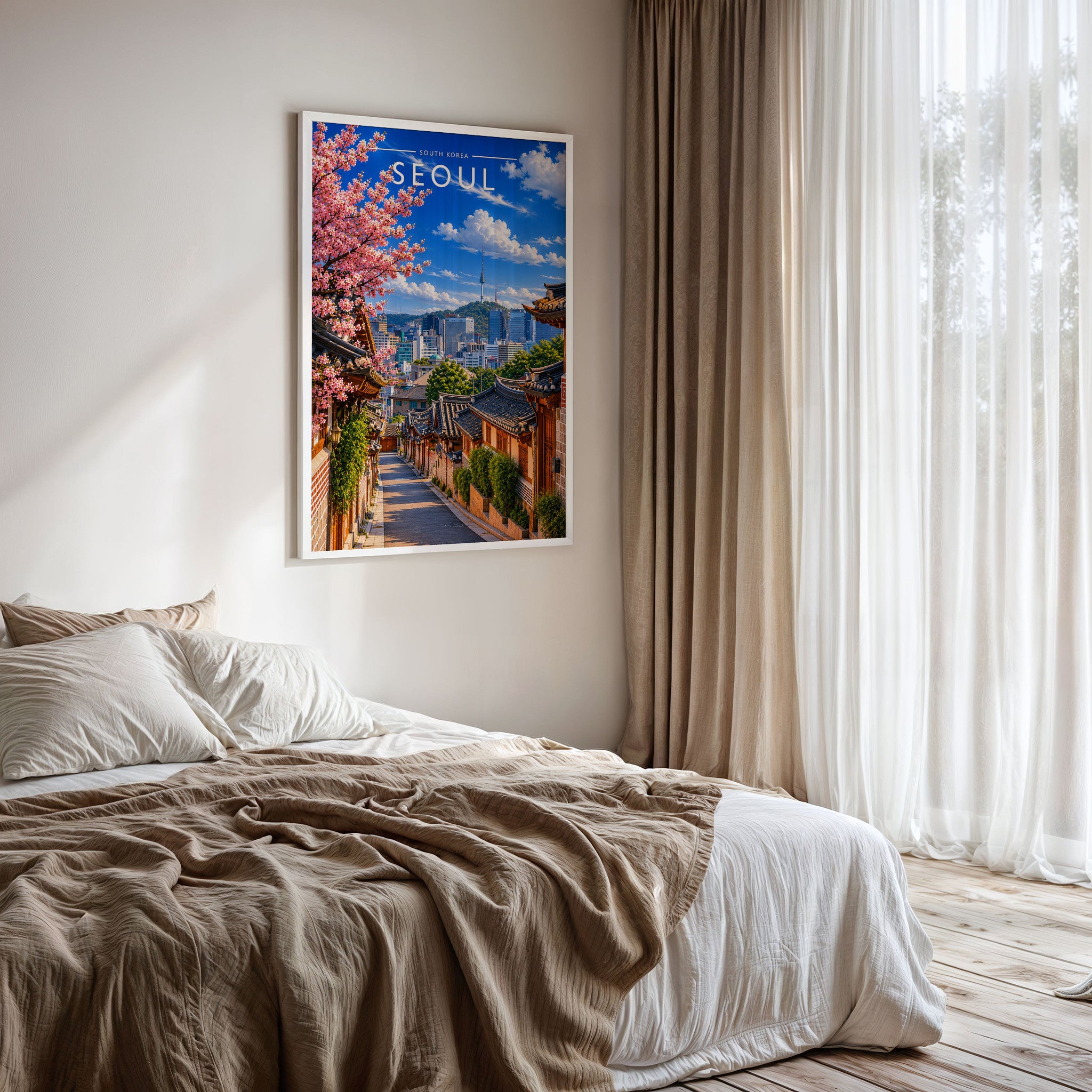 Seoul Travel Poster framed on a bedroom wall