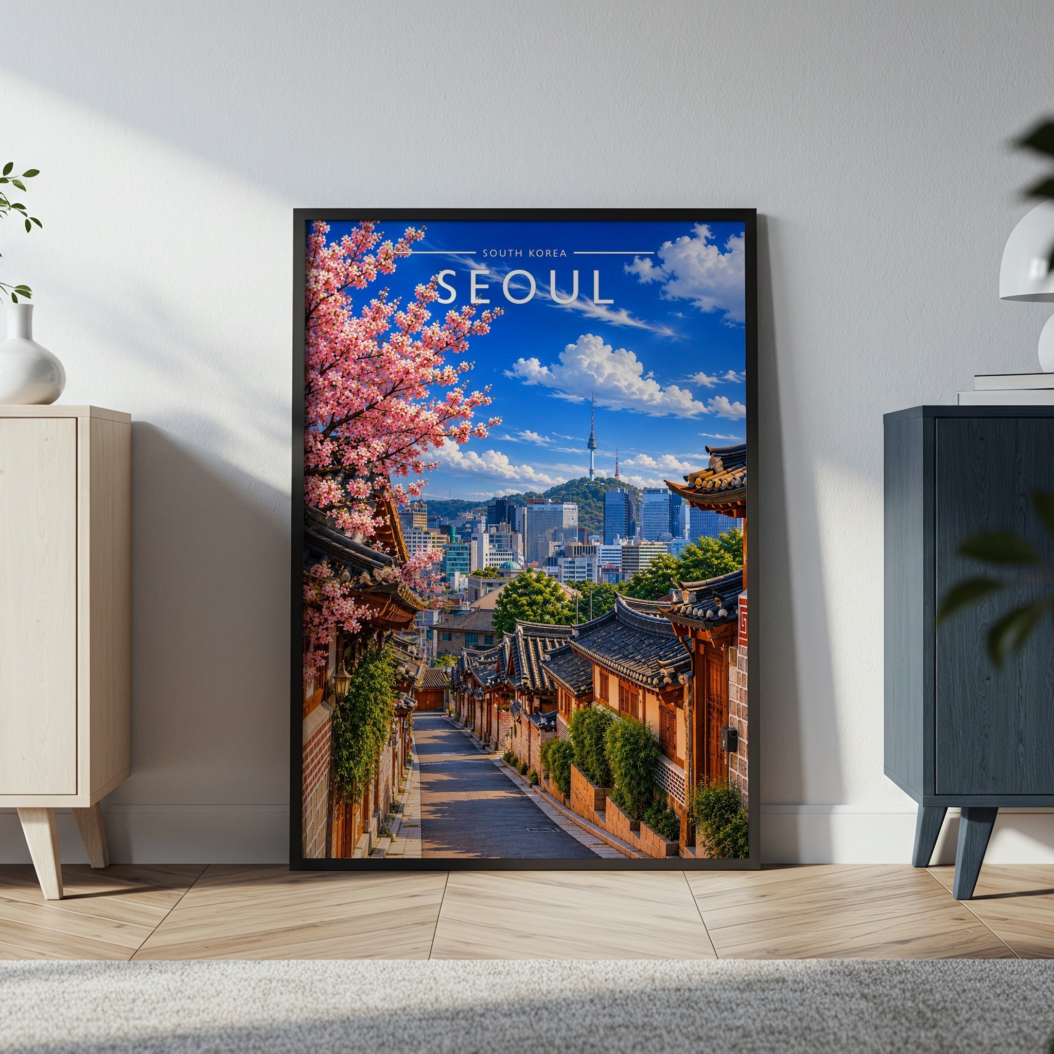 Seoul Travel Poster in a black frame