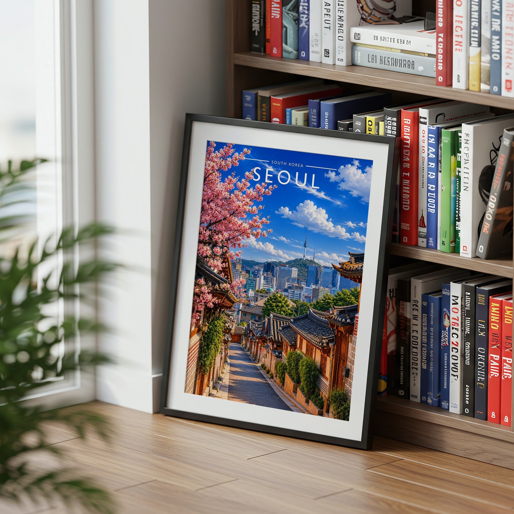 Seoul Travel Poster mounted in a black frame