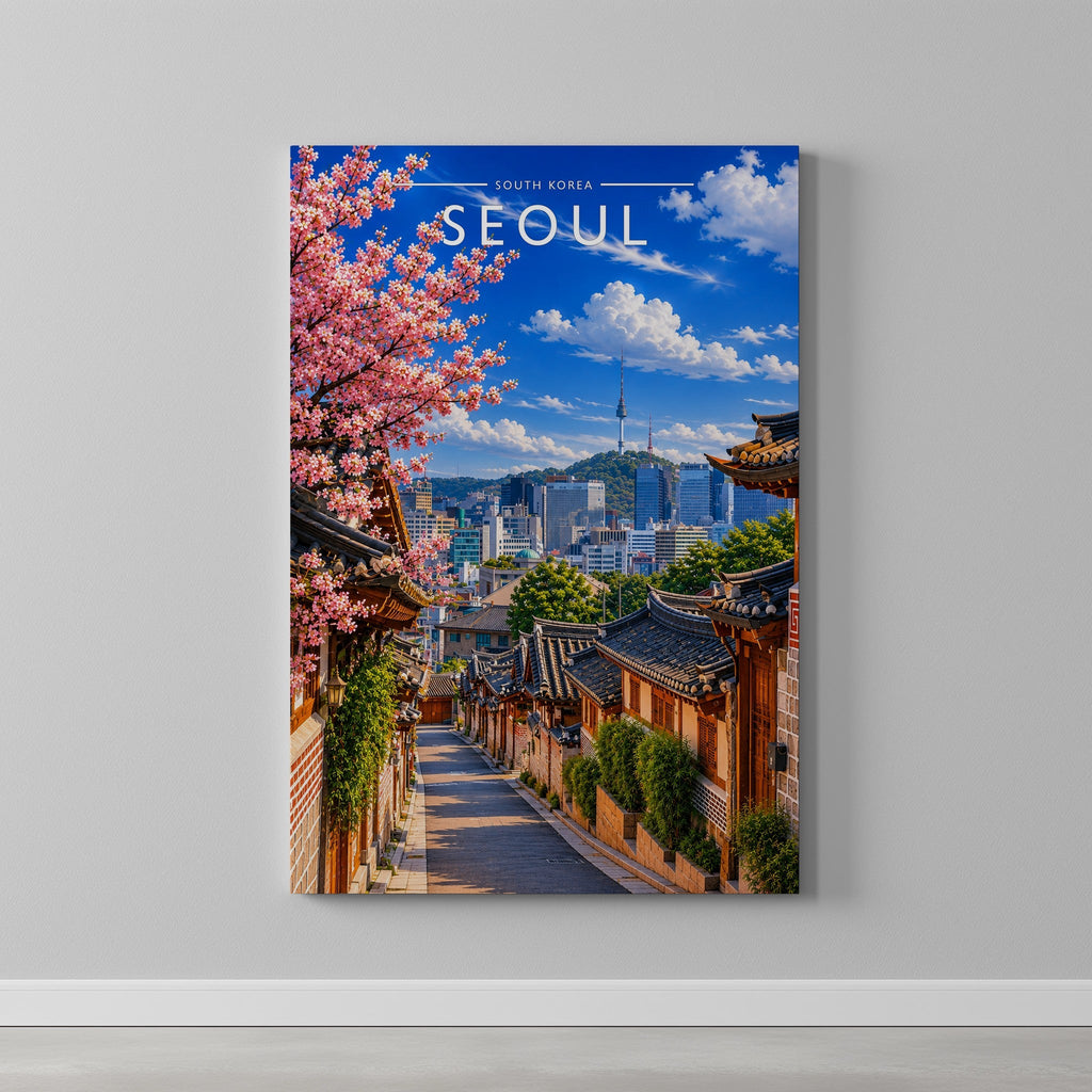 Seoul Travel Poster as a gallery-wrapped canvas on a plain wall