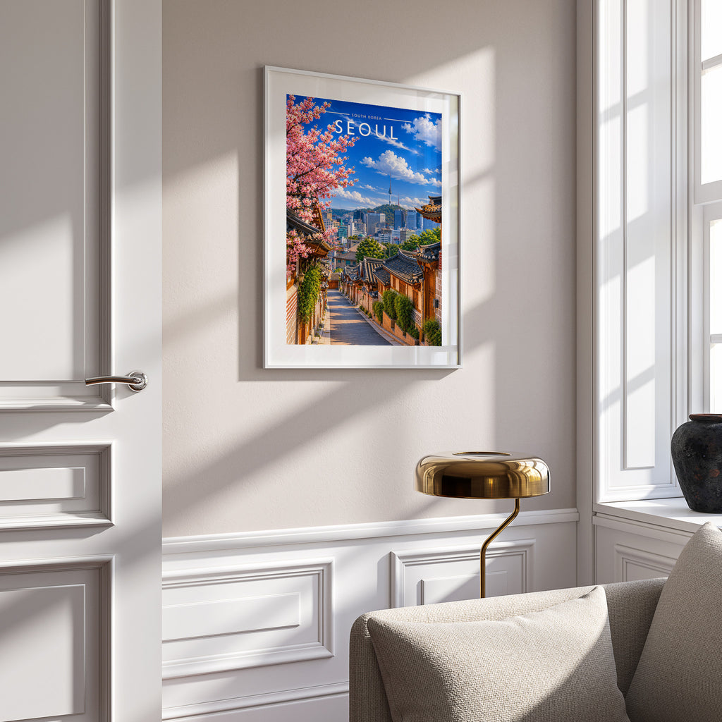 Seoul Travel Poster in a white frame on a panelled wall
