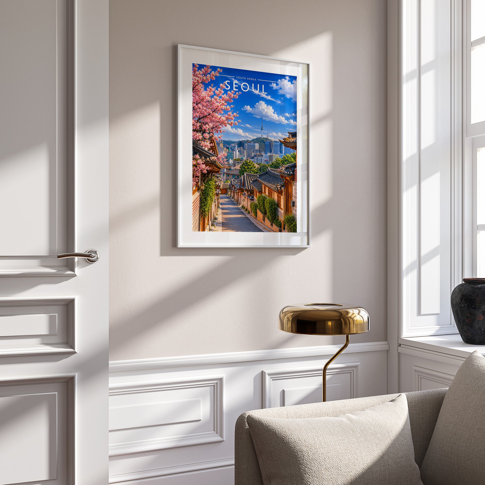 Seoul Travel Poster in a white frame on a panelled wall