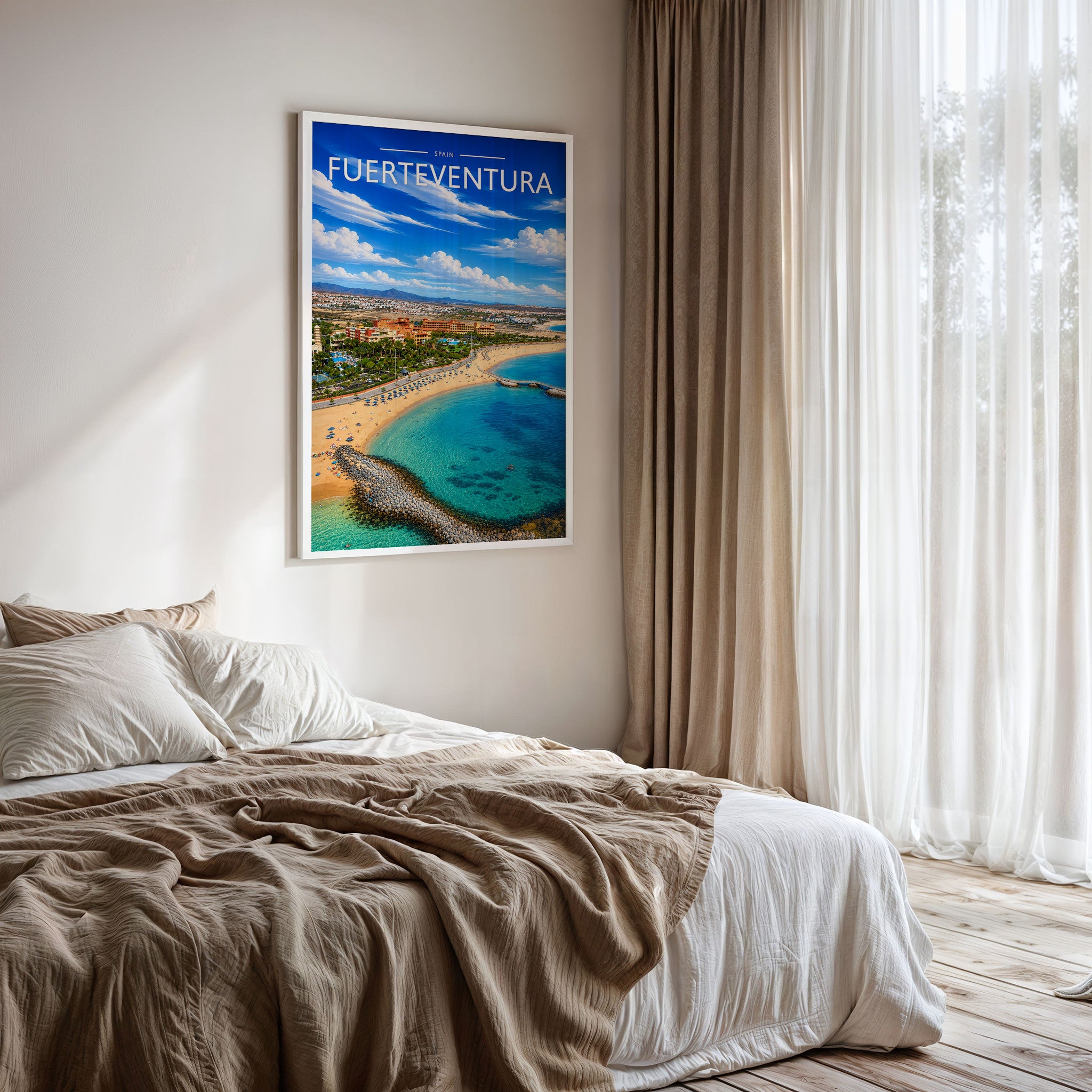 Fuerteventura Travel Poster framed on a bedroom wall