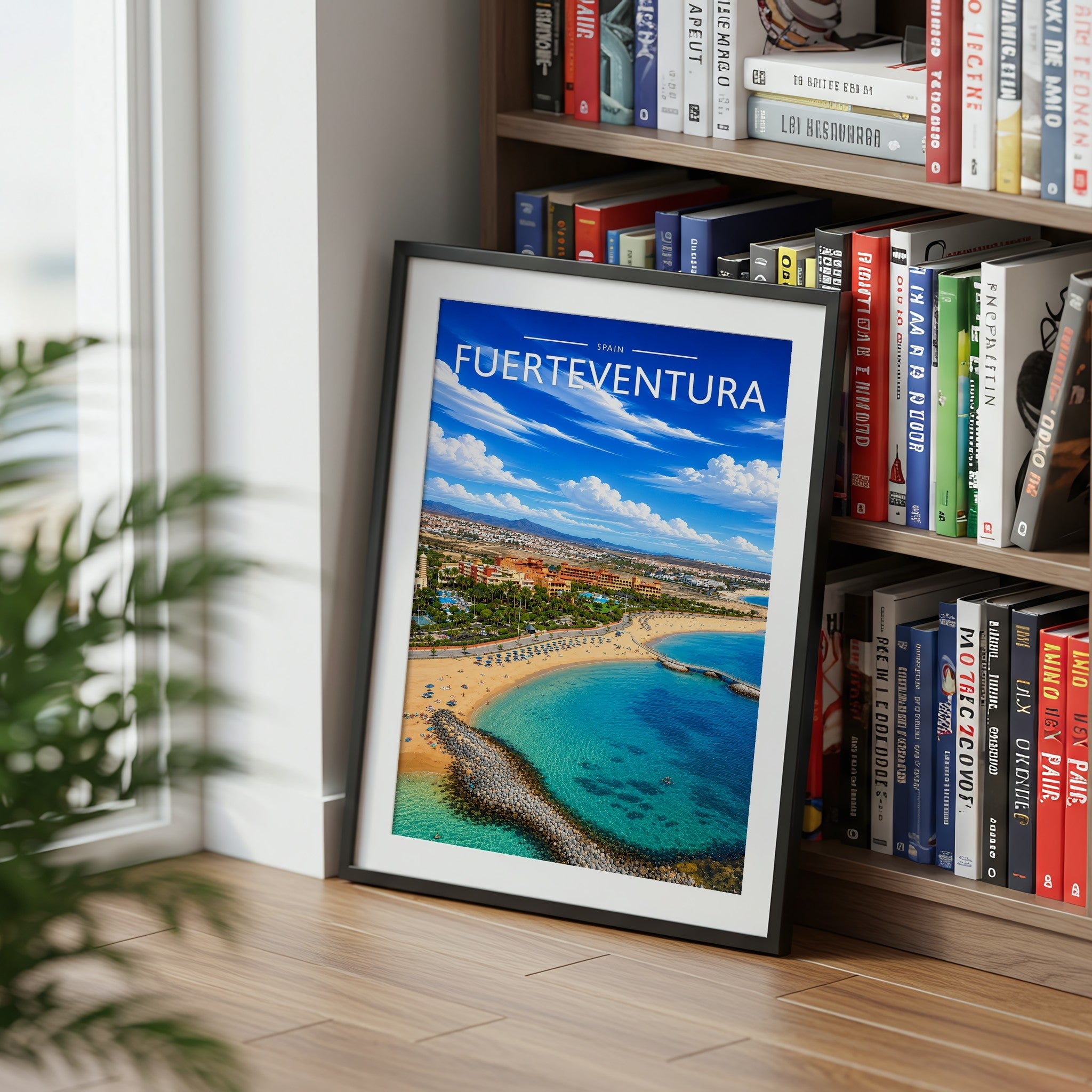 Fuerteventura Travel Poster mounted in a black frame