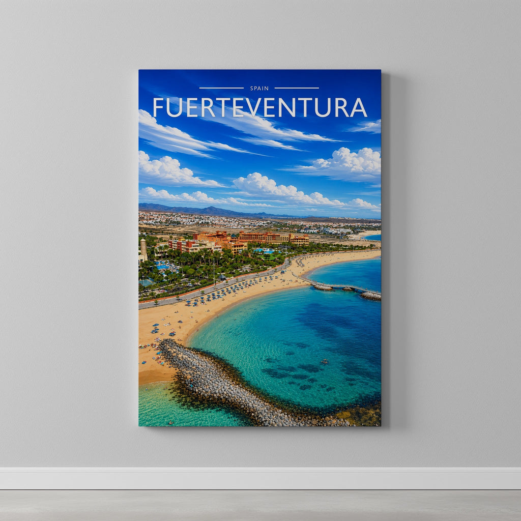 Fuerteventura Travel Poster as a gallery-wrapped canvas on a plain wall